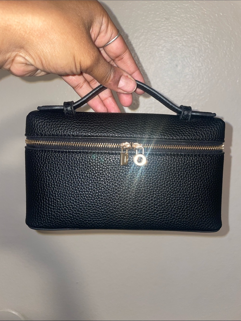 Black Leather Top-Handle Cosmetic Case with Gold Zip